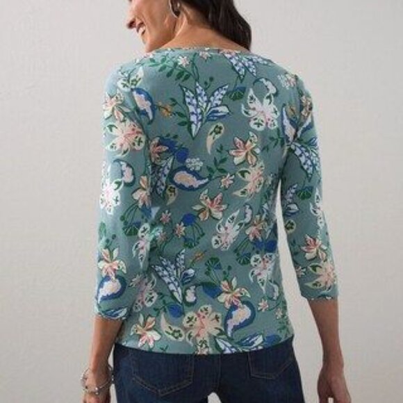 Chico's Pima Cotton Floral V-Neck Tee 3/4 Sleeve Size Large (2) - Picture 3 of 8